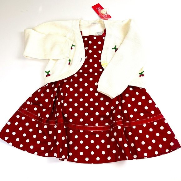NWT Gymboree Girl Polka Dot Dress & Cherry Sweater Cardigan 2 Piece Set Size 3T
